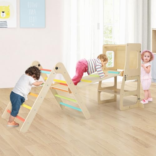 HONEY JOY 7 in 1 Climbing Toys for Toddlers, Convertible Kids Step Stool/Table & Chair/Chalkboard, Folding Triangle Climber w/Ramp, Montessori Kitchen Stool Tower for Learning w/Safety Rail (Colorful)