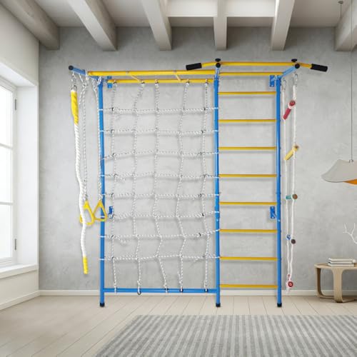 Wall-Mounted Indoor Fitness Station with Pull-Up Bar, Rope Ladder, Monkey Bars, Climbing Wall, Gymnastic Rings and Wall Ladder