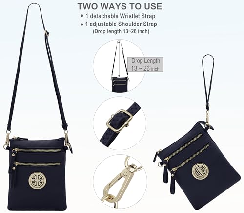 Solene Small Multi Zipper Pockets Crossbody Bag with Detachable Wristlet - color: Navy