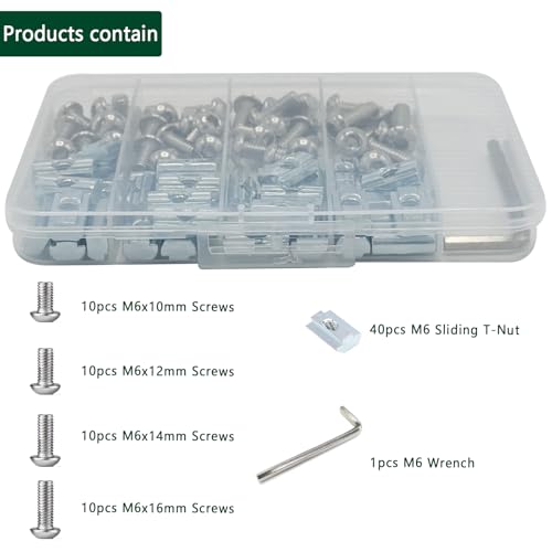 80 pcs M6 T Nut Screws Kit for 1010 1020 Aluminum Extrusion, 40 pcs Silver M6x10/12/14/16mm Hexagon Socket Screws and 40 pcs M5 Sliding T-Nuts with 1 pcs M6 Hex Wrench - style: 80pcs 10 Series Screws Kit Silver