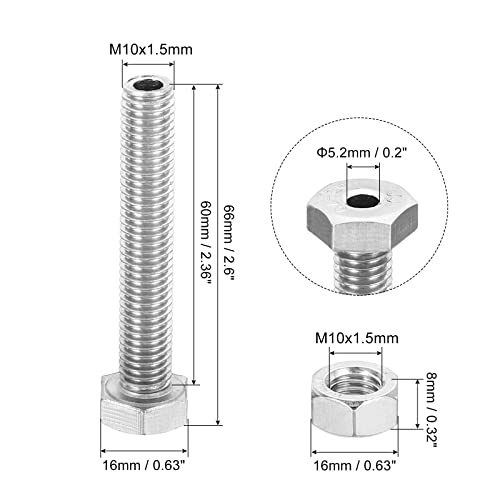 PATIKIL M10x60mm Hollow External Hexagon Screw, 2 Set Cylindrical Lamp Threading Socket Screws Through Hole Bolt with Nut 304 Stainless Steel - size: 60mm
