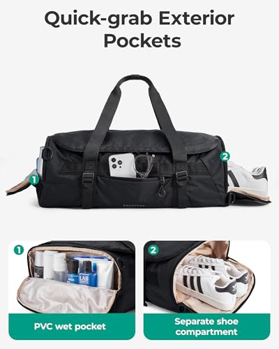 BAGSMART 4-IN-1 Duffle Bag for Travel, 40L Travel Bag Gym Duffle, TSA Carry on Backpack with Shoes Compartment & Wet Pocket, Water-resistant Workout Duffel, Black - color: Black