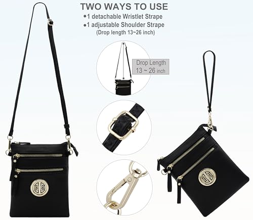 Solene Small Multi Zipper Pockets Crossbody Bag with Detachable Wristlet - color: Black