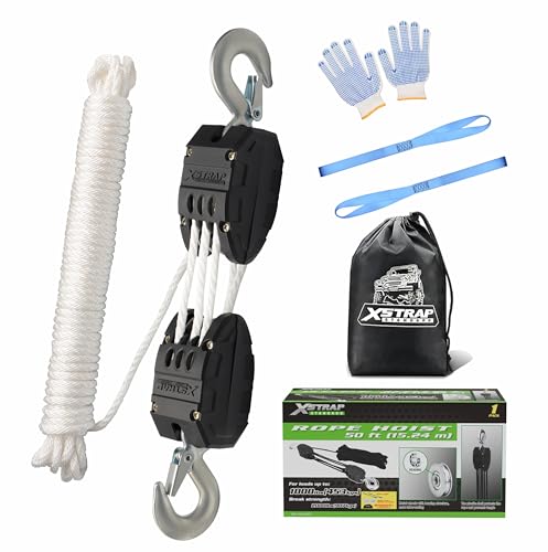 XSTRAP STANDARD Heavy-Duty Block and Tackle Pulley System, 1000 LB Working Load, 2000 LB Break Strength, 50 FT Rope Hoist with 2 Soft Loops for Garage, Hunting & DIY Attic Lift, White - color: 50 Ft+Black White+2 Soft Loops