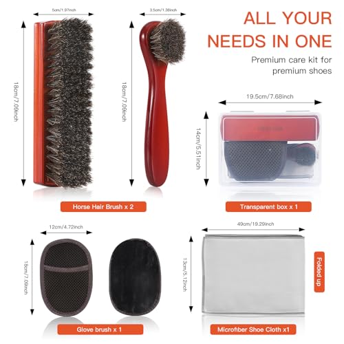 Horsehair Shine Shoes Brush Kit, Horse Hair Brush for Leather, Cleaning Leather Shoes Boots Care Brushes with Microfiber Shoe Cloth, Horsehair Brush (L, Count, 5)