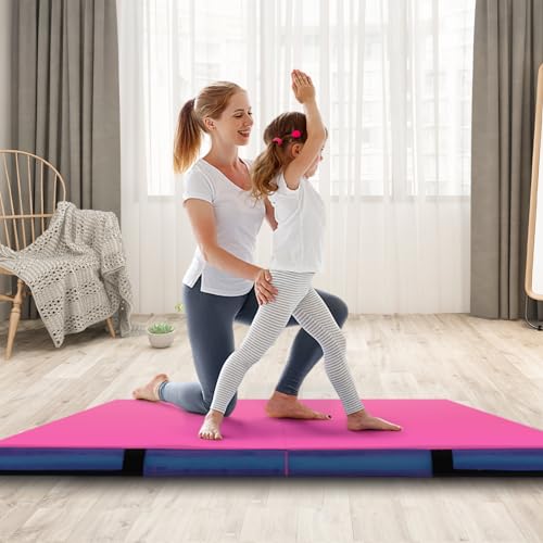 Goplus 4" Thick Folding Gymnastic Mat, Thickened Bi-Fold Fitness Mat with Carrying Handles & PU Leather Cover, Home Gym Tumbling Mat for Stretching, Pilates, Aerobics Workouts - color: Rose&Blue