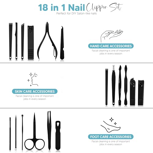 Utopia Care Manicure Set Professional Nail Clippers Kit | 18 Pcs Manicure & Pedicure Nail Kit for Men Women with Fingernail & Toenail Clippers and Premium Travel Case - color: Black, size: 18 Piece Set