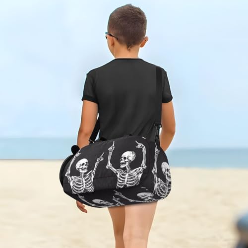 Kids Sports Duffel Bag for Boys & Girls - Funny Skull Skeletons 100% Polyester Gym Bag with Separate Shoe Compartment, Adjustable Shoulder Strap, Compact Travel & Workout Gear Bag - color: Funny Skull Skeletons