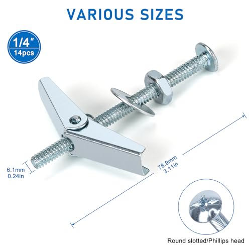 56pcs 1/4 Inch Heavy Duty Drywall Anchors, 14 Sets | Toggle Bolts and Wing Nuts Set for Hanging Lamps Heavy Items, Butterfly Anchors for Ceiling, Sheetrock, Hollow Wall - size: 1/4"-56pcs(14sets)