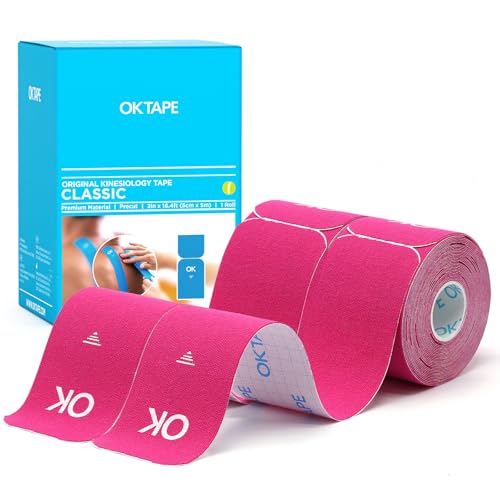 OK TAPE Precut Elastic Kinesiology Tape, 20 Strips, 2inch x 16ft, 2 Rolls | Sensitive Skin Friendly Latex Free Hypoallergenic Athletic Tape Roll for Muscle Joint Knee Waterproof Pink - color: Pink, size: 2 Rolls