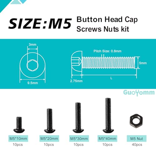M5 x 10mm 20mm 30mm 40mm Button Head Socket Cap Screws Bolts and Nuts, 10.9 Grade Alloy Steel, Black Oxide Finish, Metric Allen Hex Drive, Fully Thread, Assortment Kit 80PCS - size: Button M5x10-40mm+Nuts
