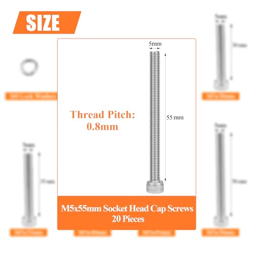 HELIFOUNER 20 Pieces M5 x 55mm, Thread Pitch 0.8mm, 304 Stainless Steel (18-8) Hex Socket Head Cap Screws, Fully Threaded - size: M5 x 55mm