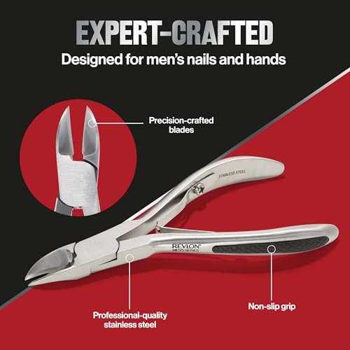 Revlon Nail Clipper for Men, Durable for Tough Fingernail and Toenail Trimming, Ergonomic No-Slip Grip Handle, Stainless Steel, 1 count