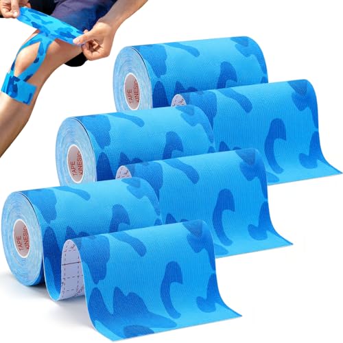 Wide Kinesiology Tape, 3 Pack, 4in x 5.5yd, Waterproof Blue Camo | Waterproof & Sweat-Resistant, Breathable Latex-Free Cotton, For Shoulder, Knee, Fit Sports, Workouts & Active Training - color: Blue 4in