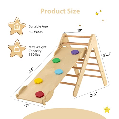 OLAKIDS Pikler Triangle Set 3 in 1 Climbing Toys for Toddlers Wood Montessori Baby Jungle Gym with Ramp Ladder Slide Kids Indoor Playground Activity Play Structure - color: Wooden