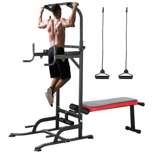 Arlopu Multi-Function Power Tower with Folding Bench 4 Training Ropes | Pull Up Bar Stand with Adjustable Heights and Angles, Heavy-duty Frame, 400LBS Capacity, Home Gym Full-body Strength Training