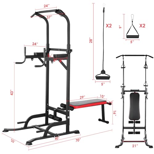 Arlopu Multi-Function Power Tower with Folding Bench 4 Training Ropes | Pull Up Bar Stand with Adjustable Heights and Angles, Heavy-duty Frame, 400LBS Capacity, Home Gym Full-body Strength Training