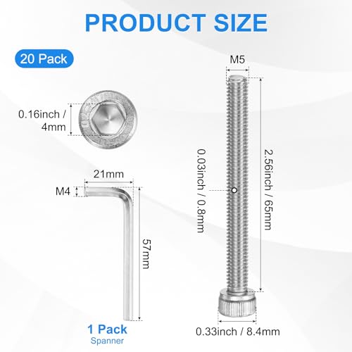 M METERXITY 20-Pack M5 x 65mm Socket Head Cap Screws, 304 Stainless Steel Hex Machine Bolts, Allen Socket Drive Screw with Hex Wrench for Repair/DIY, Fully Threaded Fasteners Kit [Silver] - size: M5 x 65mm