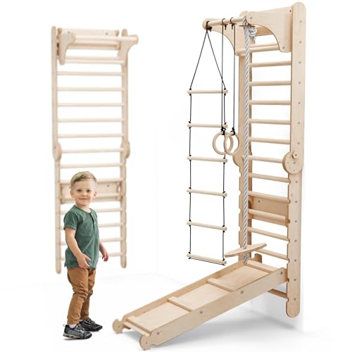 6-in-1 Indoor Playground for Kids – Wooden Swedish Wall, Climbing Ladder, Slide, Swing, Gymnastics Rings, Rock Climbing Wall – Jungle Gym Play Set for Ages 2-12 - size: Swedish Wall