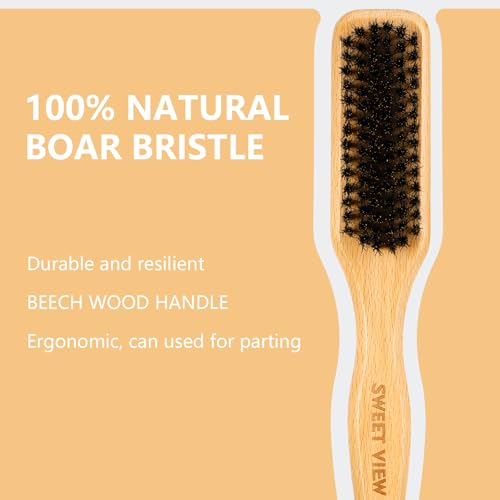 SWEET VIEW Boar Bristle Slick Back Hair Brush | Smooth Flyaways, Frizz, Sleek Ponytail, Buns and Edge Baby Hair, Gel Comb Styling Accessories for Girls, Kids and Women - color: Wood Color
