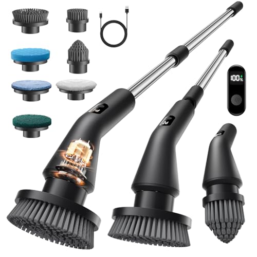 Electric Spin Scrubber, Upgraded IPX7 Cordless Cleaning Brush for Bathroom Shower, Household Cleaning Scrubber with 7 Brush Heads, Adjustable Long Handle and 2 Rotating Speeds for Tub Floor