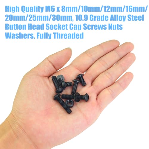 DYWISHKEY 152 Pieces M6 Black Screws, 10.9 Grade Alloy Steel M6x 8/10 /12/16 /20/25 /30mm Button Head Socket Cap Screws Bolts Nuts Washers Assortment Kit - size: M6, style: Button Head Socket Cap