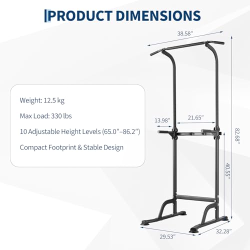 Power Tower Pull Up Bar Station - 330 LBS Stable Multi-Function Gym Dip Station for Home Strength Training Equipment - 10 Adjustable Heights Heavy Duty Pull-Up Tower with h-Shaped Base & Push-Up - color: Black