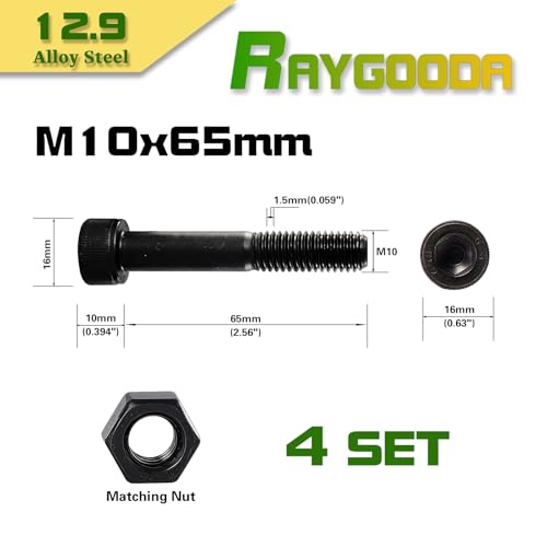 M10-1.5x65 Socket Head Cap Screw and Nut Kit 4set, Grade 12.9 Alloy Steel, Black Oxide Finish, Partially Thread, High Tensile Strength for Automotive, Machinery & Heavy Duty Use - size: M10x65mm(4 Sets）