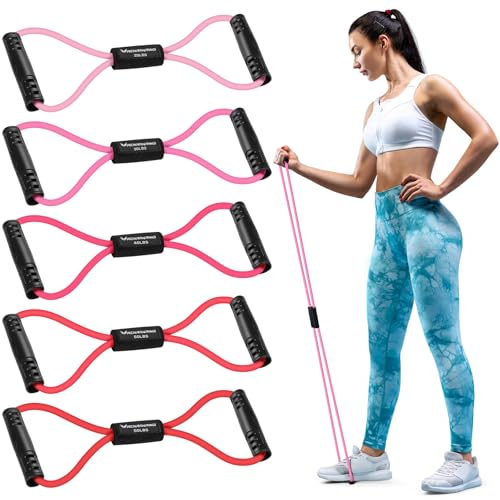 RENRANRING Figure 8 Fitness Resistance Bands with Handles - Exercise Tube Band Set of 3 for Arm and Shoulder Stretch, Rope 8 Word Elastic for Women and Men - color: Pink & Red