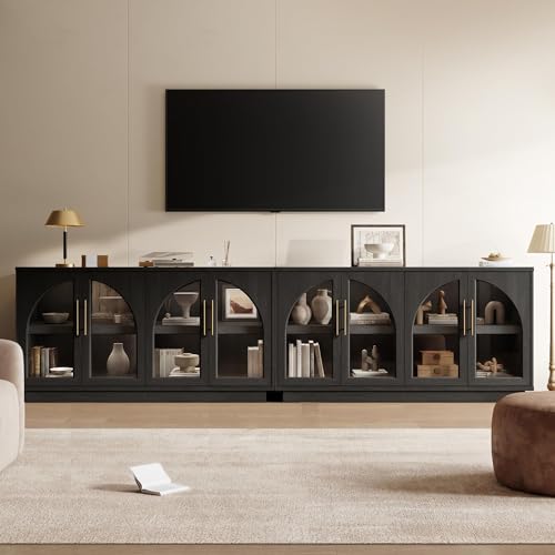 Fatmok 59" Buffet Cabinet with Glass Doors, Modern Arched Sideboard with Large Storage and Adjustable Shelves, Accent Console Credenza for Dining Room, Living Room, Entryway, Black Grey - color: B-black Grey