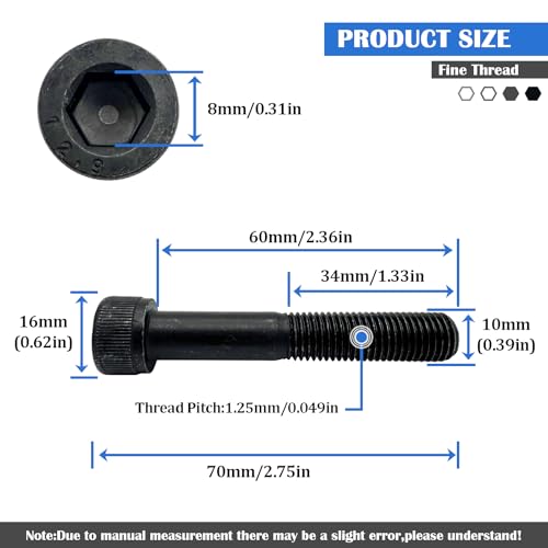 M10-1.25 x 60mm Socket Head Cap Screws Bolts,12.9 Grade Carbon Steel Hex Socket Cap Cup Fine Thread Screws Bolts,Black Oxide Finish(2Pcs) - size: M10-1.25 x 60mm