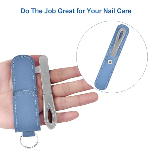 Metal Nail File with Case, 2 Pack Keychain Nail Files for Natural Nails, Fingernail Files Diamond Round Tip Stainless Steel Double Sided Fine Grit Sapphire Filer with Leather Sheath Travel Blue - size: 2 Pack 3.6 in Silver/Blue Keychain