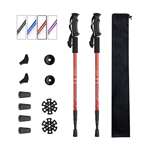 Aihoye Trekking Poles,Adjustable Shock Absorbing Hiking Walking Stick-2Pcs | Aviation aluminum,Collapsible, Lightweight, All-terrain walking poles, Carry bag included - color: red