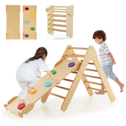 OLAKIDS Pikler Triangle Set 3 in 1 Climbing Toys for Toddlers Wood Montessori Baby Jungle Gym with Ramp Ladder Slide Kids Indoor Playground Activity Play Structure - color: Wooden
