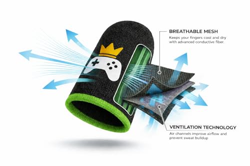 King of The Game - Improved Materials Gaming Finger Sleeves (6 Pack) for Touch Screens and Controllers. Skin-Protective, Ultra-Sensitive, Sweat-Resistant, Breathable and Stretchable. (Green) - color: Green