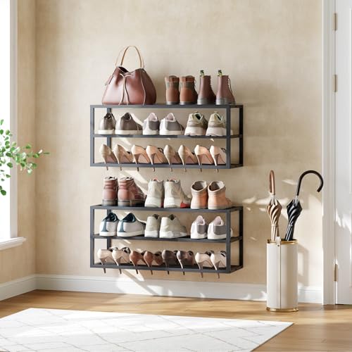HOOBRO Wall Mounted Shoe Rack, 2-Pack Hanging Metal Shoe Storage Organizer, 3-Tier Vertical Shoe Holder, Metal Shoe Shelf for 18-24 Pairs, Entryway, Hallway, Closet, Black BK33XJP201