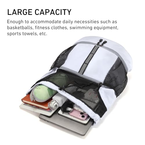Valleycomfy Drawstring Gym Bag Sports Backpack With Shoe Compartment White | Reflective Strips Top Handle - color: White