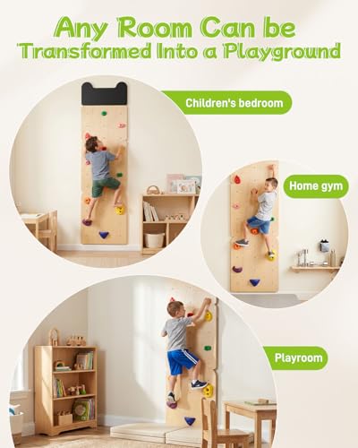 noblequest Wooden Rock Climbing Wall for Kids, Indoor Climbing Wall Panels with 12 PP Rock Holds, Customizable Routes Climbing Toy for Playroom Home Gym, Adjustable for 3+ Years