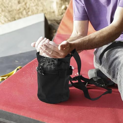 Climbing Chalk Bag with Drawstring Closure Nylon Gymnastics Powder Bucket for Rock Climbing Weightlifting Bouldering Adjustable Waist Belt and Carabiner(Black) - size: Black