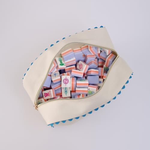 Canvas Makeup Bag for Women | Rainbow Rick Rack Trim,Mahjong Tile Travel Toiletry Organizer,Everyday Use, Beach and Gift for Girlfriend - color: Natural+Blue