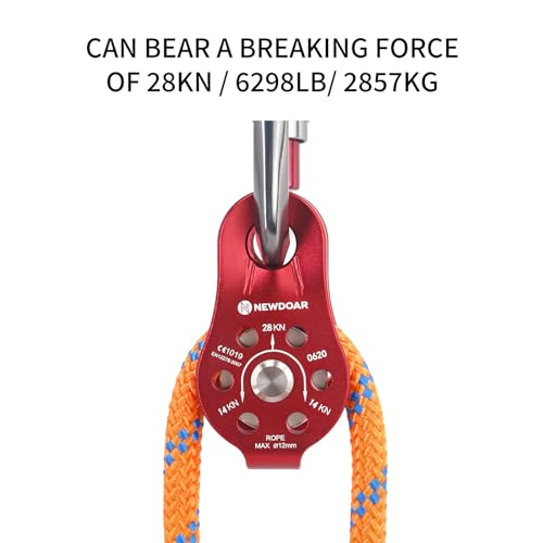 NewDoar Fixed Plate Micro Pulley,28KN CE Certified General Purpose Small Aluminum Rope Pulleys for Climbing/Aloft Work/Rappelling/Rescue Etc - color: Pack of 2(28KN Pulley Red)