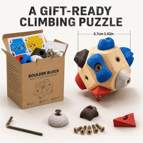 Boulder Block Rock Climbing Grip Trainer - 12 Unique Resin Holds with Color-Guided Training Paths, Premium Wood Finger Strength Trainer for Climbers, Portable Bouldering Gift for Men & Women