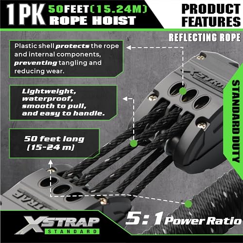 XSTRAP STANDARD 50FT Reflective Rope Hoist Pulley Block & Tackle 5:1 System | 1000 LB Working Load, 2000 LB Break Strength, 50 FT Rope Hoist with 2 Soft Loops for Garage, Hunting & DIY Attic Lift - color: Reflective Black