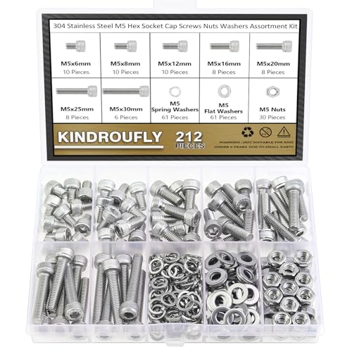 212 Pieces M5 x 6/8 /12/16 /20/25 /30mm Hex Socket Head Cap Screws Nuts Washers Assortment Kit, 304 Stainless Steel, Fully Machine Thread - size: M5, style: Socket Head