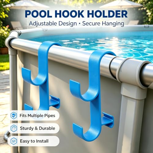 2Pcs Above Ground Pool Pole Hooks, Double Hanging Bracket for Pool Telescopic Pole, Leaf Skimmer Net & Vacuum Hose, Pool Rail Accessory Storage Hanger(Blue) - color: Blue