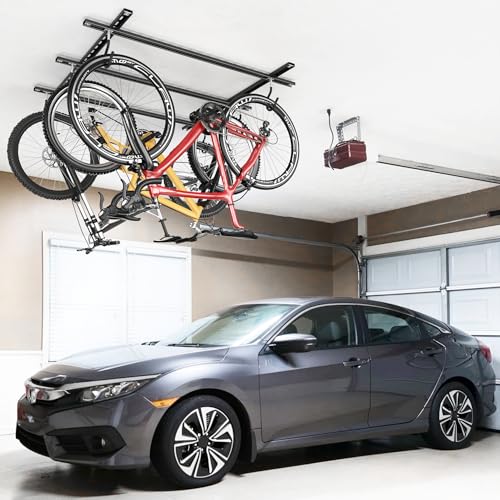 TORACK Ceiling Bike Rack for Garage, Ceiling-Mounted Bicycle Storage Hooks for 3 Bikes (Horizontal) or 6 Bikes (Vertical), Adjustable Overhead Bicycle Hooks for Mountain, Road Bike - style: 3 bikes horizontal