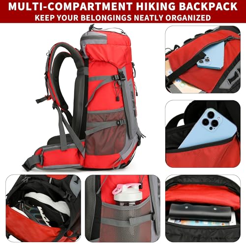 75L Hiking Backpack with Rain Cover Waterproof Camping Backpack Shoes Warehouse for Men Women, Frameless - color: Red, size: 60L