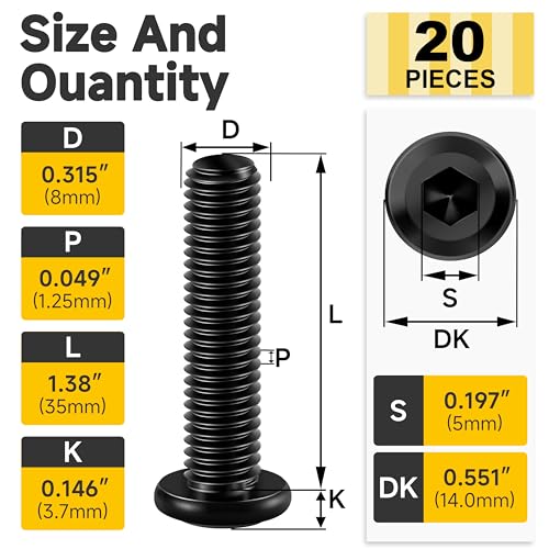 Mywish M8x1.25 Bolt, M8 x 35mm 20Pcs Flat Head Hex Socket Cap Screws Bolts, 304 Stainless Steel Furniture Bolts Full Thread, Black Oxide & Hex Spanner - color: Black-M8, size: 35mm