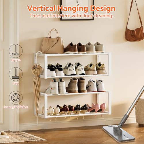 Homeiju Hanging Shoe Organizer,2 Pack Wall Mounted Shoe Rack Holds 12 Pairs,Space Saving Metal Wall Shoe Rack,Hanging Shoe Rack Shoe Holder for Small Space,Entryway,Closet,RV,Camper (White - color: White