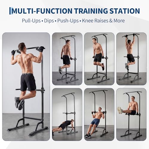Power Tower Pull Up Bar Station - 330 LBS Stable Multi-Function Gym Dip Station for Home Strength Training Equipment - 10 Adjustable Heights Heavy Duty Pull-Up Tower with h-Shaped Base & Push-Up - color: Black